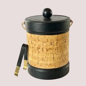 Vintage Kraftware Mid Century Cork & Faux Leather Ice Bucket w/Tongs Large 12x8”